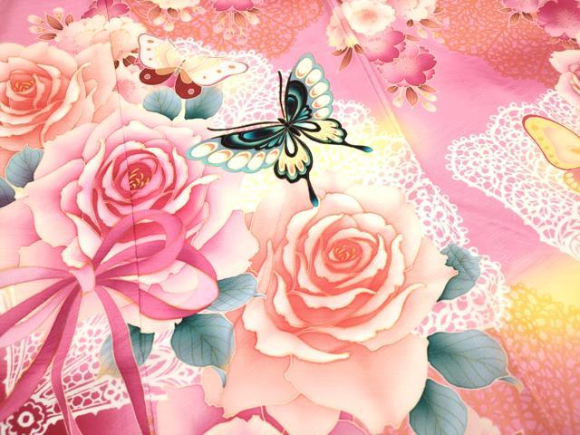 平和屋着物[]七五三　女の子　７歳　祝着　四つ身　扇面花蝶文　薔薇　バラ　暈し染め　洗える着物　DABH5399ea