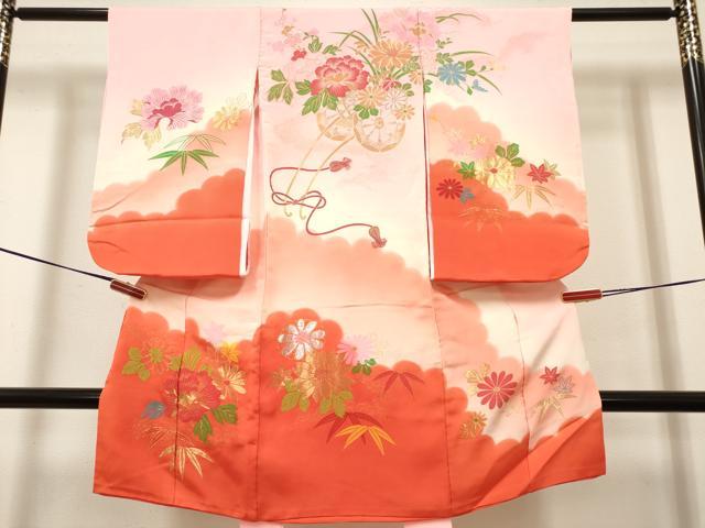 平和屋着物[]七五三　女の子　３歳　祝着　三つ身　寿光織　花車文　金銀糸　逸品　DABH5402ea