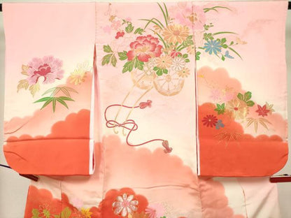 平和屋着物[]七五三　女の子　３歳　祝着　三つ身　寿光織　花車文　金銀糸　逸品　DABH5402ea