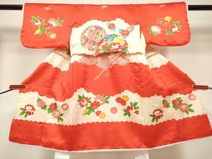 平和屋着物[]七五三　女の子　３歳　祝着　三つ身　花鞠文　金糸　逸品　DABH5404ea