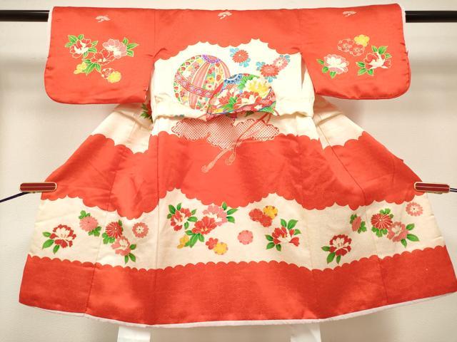 平和屋着物[]七五三　女の子　３歳　祝着　三つ身　花鞠文　金糸　逸品　DABH5404ea