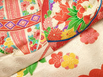 平和屋着物[]七五三　女の子　３歳　祝着　三つ身　花鞠文　金糸　逸品　DABH5404ea