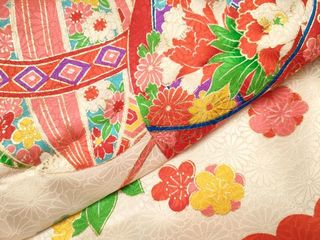平和屋着物[]七五三　女の子　３歳　祝着　三つ身　花鞠文　金糸　逸品　DABH5404ea