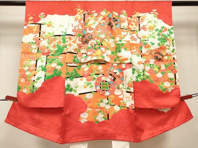 平和屋着物[]七五三　女の子　３歳　祝着　三つ身　駒刺繍　鼓花文　逸品　DABH5405ea
