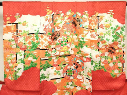 平和屋着物[]七五三　女の子　３歳　祝着　三つ身　駒刺繍　鼓花文　逸品　DABH5405ea