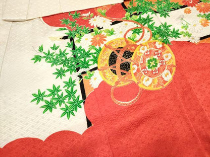 平和屋着物[]七五三　女の子　３歳　祝着　三つ身　駒刺繍　鼓花文　逸品　DABH5405ea