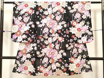 平和屋着物＊夏物　綿紅梅　浴衣　女の子　御殿鞠花文　舞桜　黒地　綿　逸品　DABH5420ea