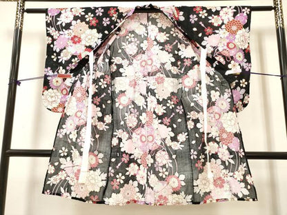 平和屋着物＊夏物　綿紅梅　浴衣　女の子　御殿鞠花文　舞桜　黒地　綿　逸品　DABH5420ea