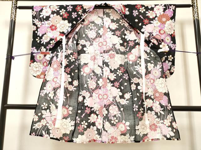 平和屋着物＊夏物　綿紅梅　浴衣　女の子　御殿鞠花文　舞桜　黒地　綿　逸品　DABH5420ea