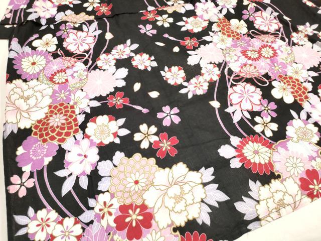 平和屋着物＊夏物　綿紅梅　浴衣　女の子　御殿鞠花文　舞桜　黒地　綿　逸品　DABH5420ea