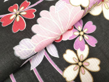 平和屋着物＊夏物　綿紅梅　浴衣　女の子　御殿鞠花文　舞桜　黒地　綿　逸品　DABH5420ea
