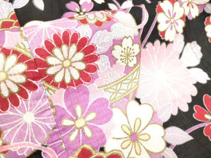 平和屋着物＊夏物　綿紅梅　浴衣　女の子　御殿鞠花文　舞桜　黒地　綿　逸品　DABH5420ea