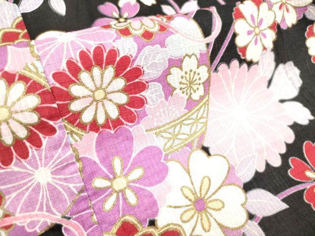 平和屋着物＊夏物　綿紅梅　浴衣　女の子　御殿鞠花文　舞桜　黒地　綿　逸品　DABH5420ea
