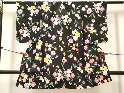 平和屋着物＊夏物　浴衣　女の子　チューリップ　枝梅舞蝶文　黒地　綿　DABH5425ea