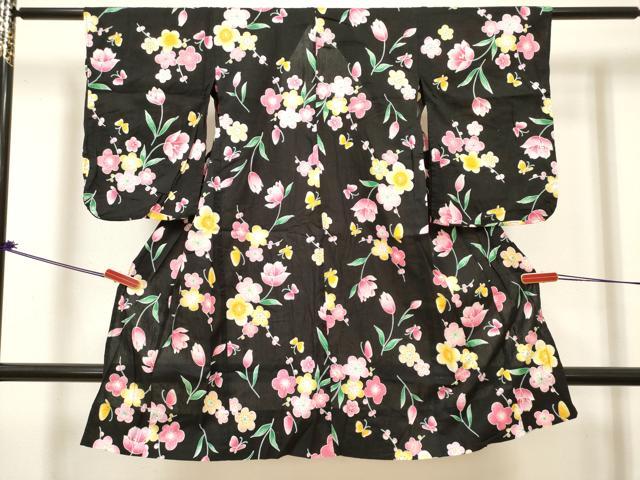 平和屋着物＊夏物　浴衣　女の子　チューリップ　枝梅舞蝶文　黒地　綿　DABH5425ea