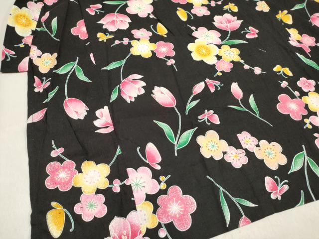 平和屋着物＊夏物　浴衣　女の子　チューリップ　枝梅舞蝶文　黒地　綿　DABH5425ea
