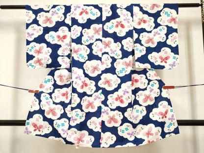 平和屋着物＊夏物　浴衣　女の子　注染　雲取り花蝶文　綿　逸品　DABH5427ea