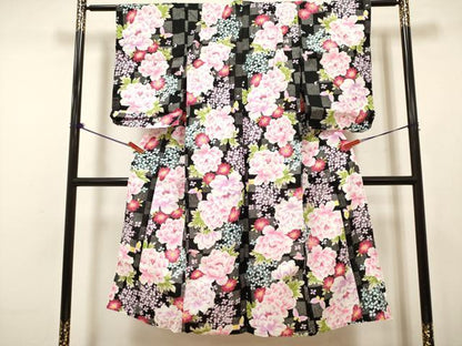 平和屋着物＊夏物　綿紅梅　浴衣　女の子　牡丹花蝶文　紫陽花　アジサイ　黒地　綿　逸品　DABH5430ea