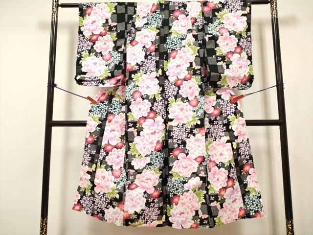 平和屋着物＊夏物　綿紅梅　浴衣　女の子　牡丹花蝶文　紫陽花　アジサイ　黒地　綿　逸品　DABH5430ea