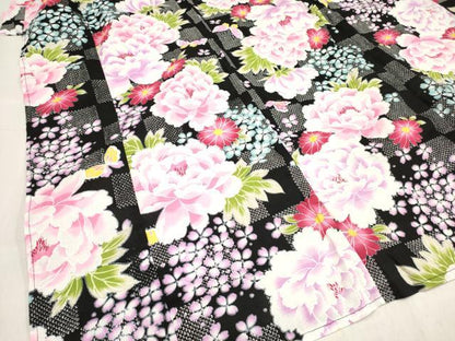 平和屋着物＊夏物　綿紅梅　浴衣　女の子　牡丹花蝶文　紫陽花　アジサイ　黒地　綿　逸品　DABH5430ea