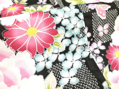 平和屋着物＊夏物　綿紅梅　浴衣　女の子　牡丹花蝶文　紫陽花　アジサイ　黒地　綿　逸品　DABH5430ea