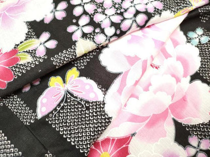 平和屋着物＊夏物　綿紅梅　浴衣　女の子　牡丹花蝶文　紫陽花　アジサイ　黒地　綿　逸品　DABH5430ea