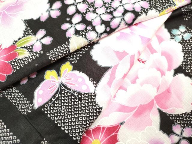 平和屋着物＊夏物　綿紅梅　浴衣　女の子　牡丹花蝶文　紫陽花　アジサイ　黒地　綿　逸品　DABH5430ea
