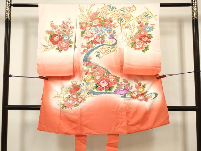 平和屋着物[]七五三　女の子　３歳　祝着　三つ身　流水花文　暈し染め　逸品　DABH5453ea