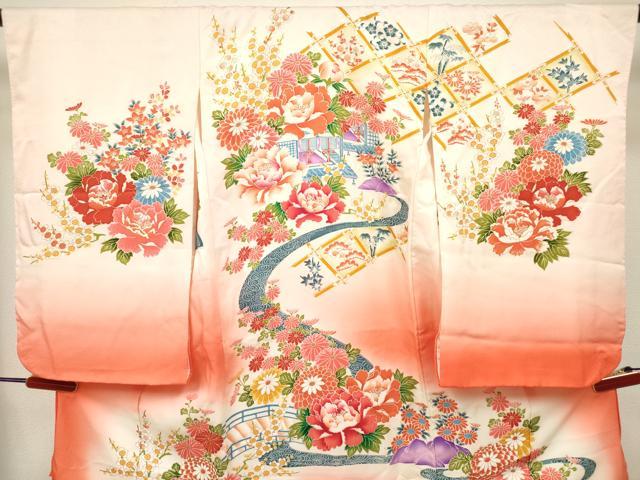 平和屋着物[]七五三　女の子　３歳　祝着　三つ身　流水花文　暈し染め　逸品　DABH5453ea