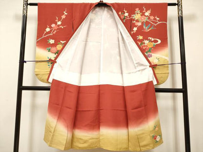 平和屋着物[]七五三　女の子　７歳　祝着　四つ身　蛇籠花鳥文　枝梅　暈し染め　逸品　DABH5455ea