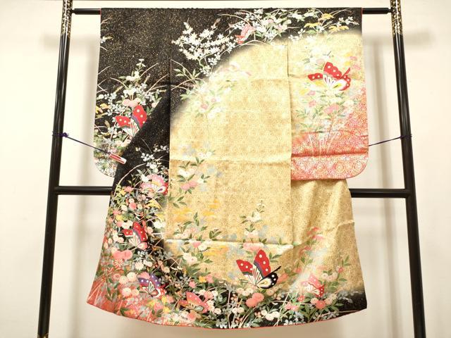 平和屋着物[]七五三　女の子　７歳　祝着　四つ身　舞蝶秋草文　暈し染め　黒地　金銀彩　逸品　DABH5456ea