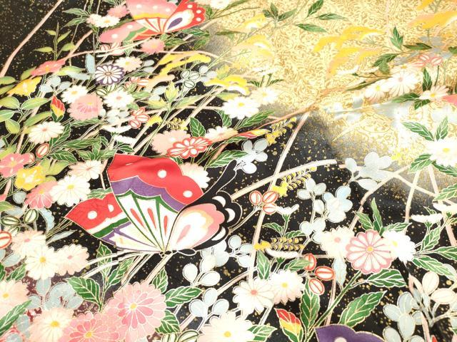 平和屋着物[]七五三　女の子　７歳　祝着　四つ身　舞蝶秋草文　暈し染め　黒地　金銀彩　逸品　DABH5456ea