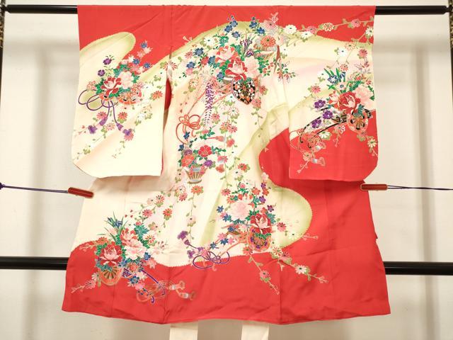 平和屋着物[]七五三　女の子　３歳　祝着　三つ身　花車飾花文　金銀彩　逸品　DABH5458ea