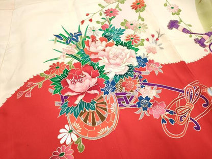 平和屋着物[]七五三　女の子　３歳　祝着　三つ身　花車飾花文　金銀彩　逸品　DABH5458ea