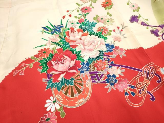 平和屋着物[]七五三　女の子　３歳　祝着　三つ身　花車飾花文　金銀彩　逸品　DABH5458ea
