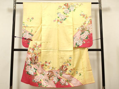 平和屋着物[]七五三　女の子　７歳　祝着　四つ身　牡丹鈴花蝶文　金彩　逸品　DABH5460ea