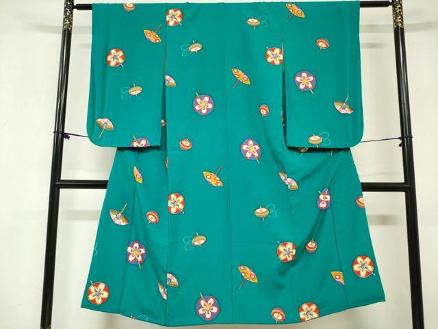 平和屋着物[]七五三　女の子　７歳　祝着　四つ身　番傘　独楽　コマ　逸品　DABH5484ea