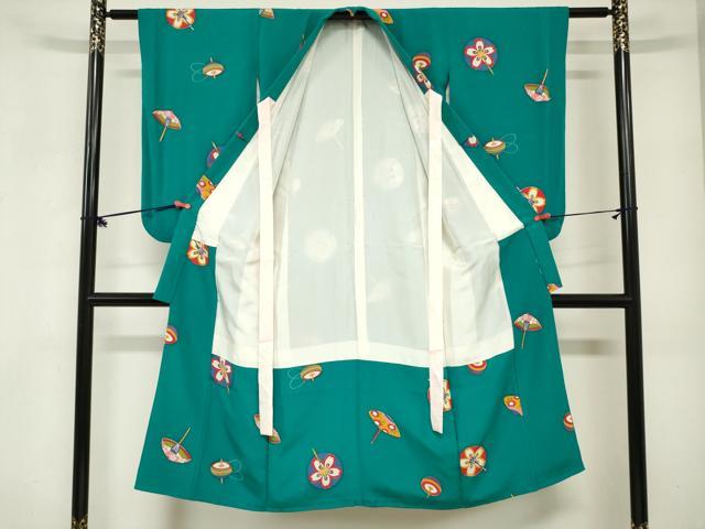 平和屋着物[]七五三　女の子　７歳　祝着　四つ身　番傘　独楽　コマ　逸品　DABH5484ea