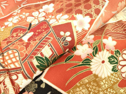 平和屋着物[]七五三　女の子　７歳　祝着　四つ身　地紙花文　枝垂れ桜　暈し染め　金彩　逸品　DABH5487ea