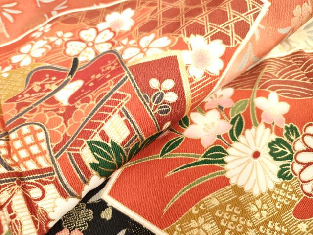平和屋着物[]七五三　女の子　７歳　祝着　四つ身　地紙花文　枝垂れ桜　暈し染め　金彩　逸品　DABH5487ea