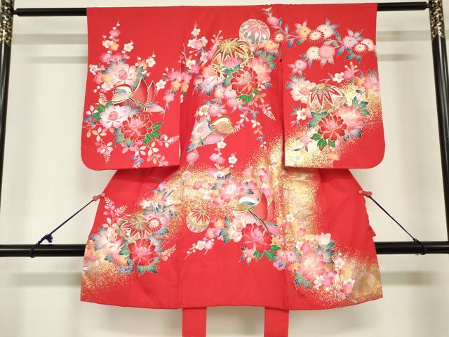 平和屋着物[]七五三　女の子　３歳　祝着　三つ身　鴛鴦花鞠文　金銀彩　逸品　DABH5492ea