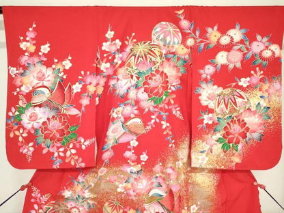 平和屋着物[]七五三　女の子　３歳　祝着　三つ身　鴛鴦花鞠文　金銀彩　逸品　DABH5492ea