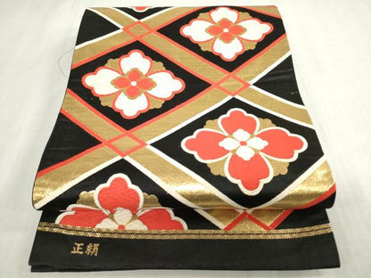 平和屋着物[]女の子　子供　全通柄袋帯　唐織　格子花菱文　黒地　金糸　逸品　DABH5508ea