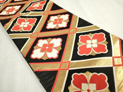 平和屋着物[]女の子　子供　全通柄袋帯　唐織　格子花菱文　黒地　金糸　逸品　DABH5508ea