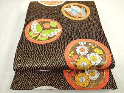 平和屋着物[]女の子　子供　全通柄袋帯　花蝶丸文　黒地　金糸　逸品　DABH5509ea