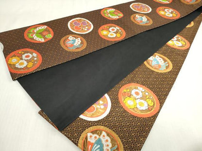 平和屋着物[]女の子　子供　全通柄袋帯　花蝶丸文　黒地　金糸　逸品　DABH5509ea