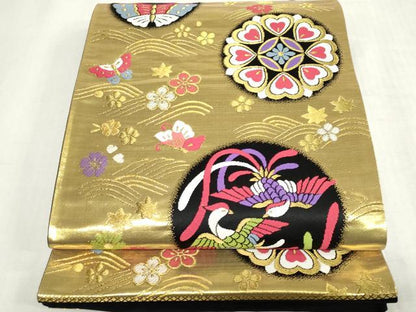 平和屋着物[]西陣　女の子　子供　全通柄袋帯　花蝶丸文　鳳凰　金糸　証紙付き　逸品　DABH5517ea