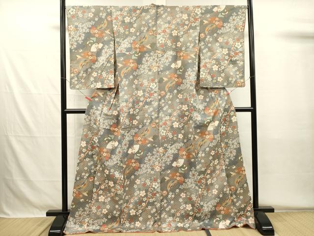 平和屋着物■小紋　扇面舞蝶花鳥文　暈し染め　金彩　ロング丈　正絹　逸品　DABH5528ya
