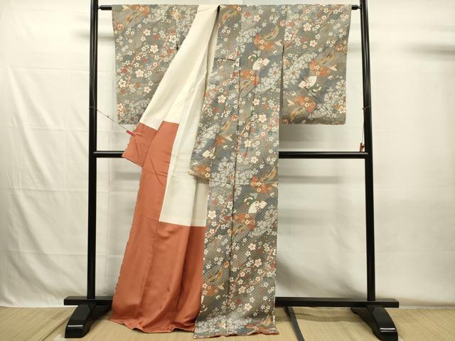 平和屋着物■小紋　扇面舞蝶花鳥文　暈し染め　金彩　ロング丈　正絹　逸品　DABH5528ya