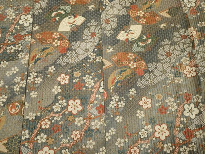 平和屋着物■小紋　扇面舞蝶花鳥文　暈し染め　金彩　ロング丈　正絹　逸品　DABH5528ya